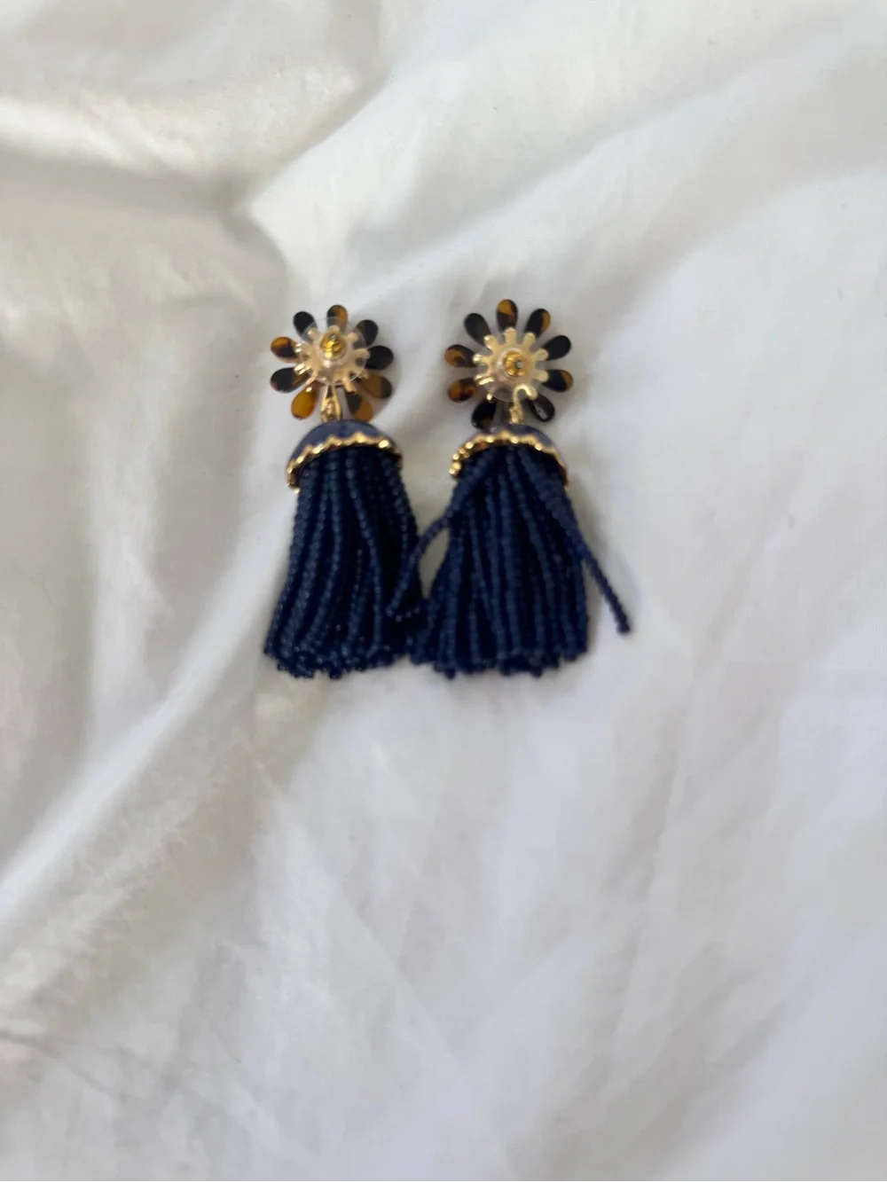 J Crew blue beaded tassel Tortoise Shell flower earrings $65 retail